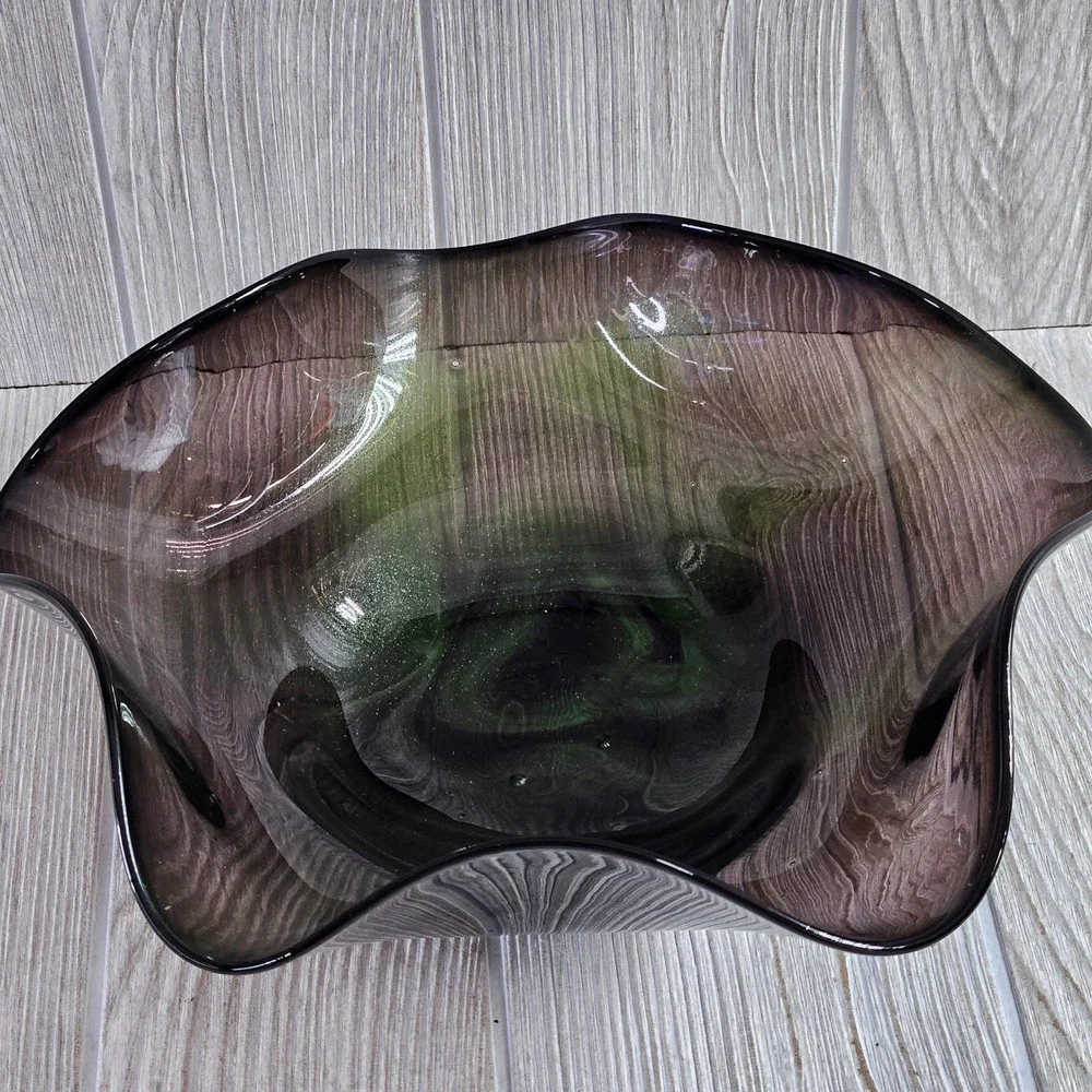 Ward 2004 Signed Studio Art Glass Wavy Bowl Smoky Purple Emerald Green
